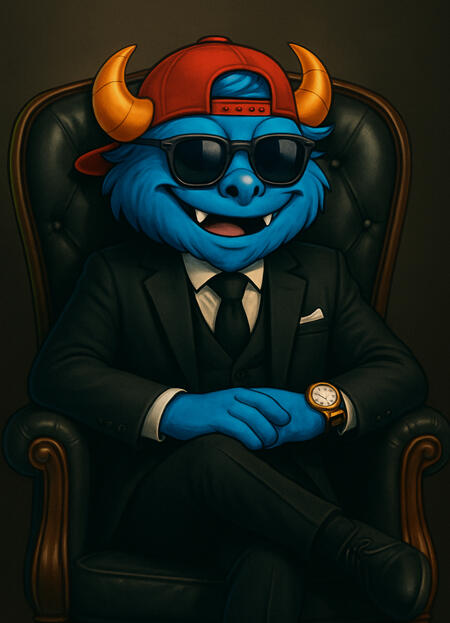 Avalad actually dressed up for this Avalad, the blue-furred Yeti, sitting in a suit and looking like a boss rare moment of him actually dressing up.